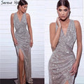 Verkauf Dubai Design Silber Tiefem-V Luxus Abendkleider Pailletten Meerjungfrau Sexy Formale Kleid 2025 LA70052 