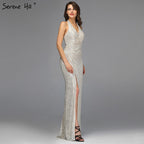 Verkauf Dubai Design Silber Tiefem-V Luxus Abendkleider Pailletten Meerjungfrau Sexy Formale Kleid 2025 LA70052 