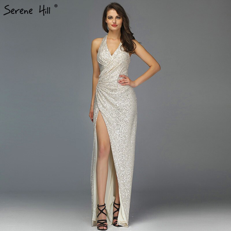 Verkauf Dubai Design Silber Tiefem-V Luxus Abendkleider Pailletten Meerjungfrau Sexy Formale Kleid 2025 LA70052 