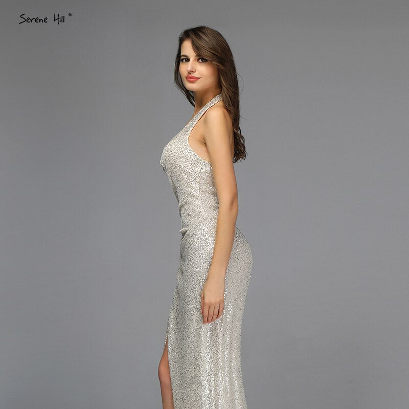 Verkauf Dubai Design Silber Tiefem-V Luxus Abendkleider Pailletten Meerjungfrau Sexy Formale Kleid 2025 LA70052 