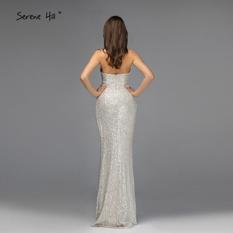 Verkauf Dubai Design Silber Tiefem-V Luxus Abendkleider Pailletten Meerjungfrau Sexy Formale Kleid 2025 LA70052 