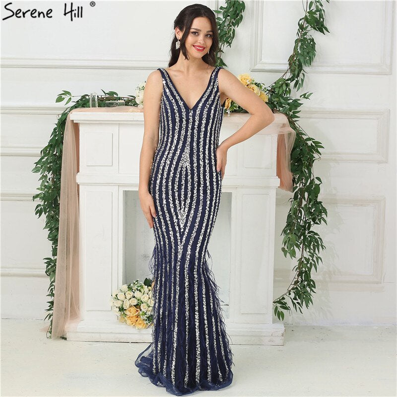 Vestidos de noche azules de lujo de diseñador de Dubái, sexys, con escote en V profundo, espalda descubierta y cuentas de diamantes, en oferta, 2025. Foto real LA6585.