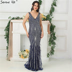 Vestidos de noche azules de lujo de diseñador de Dubái, sexys, con escote en V profundo, espalda descubierta y cuentas de diamantes, en oferta, 2025. Foto real LA6585.