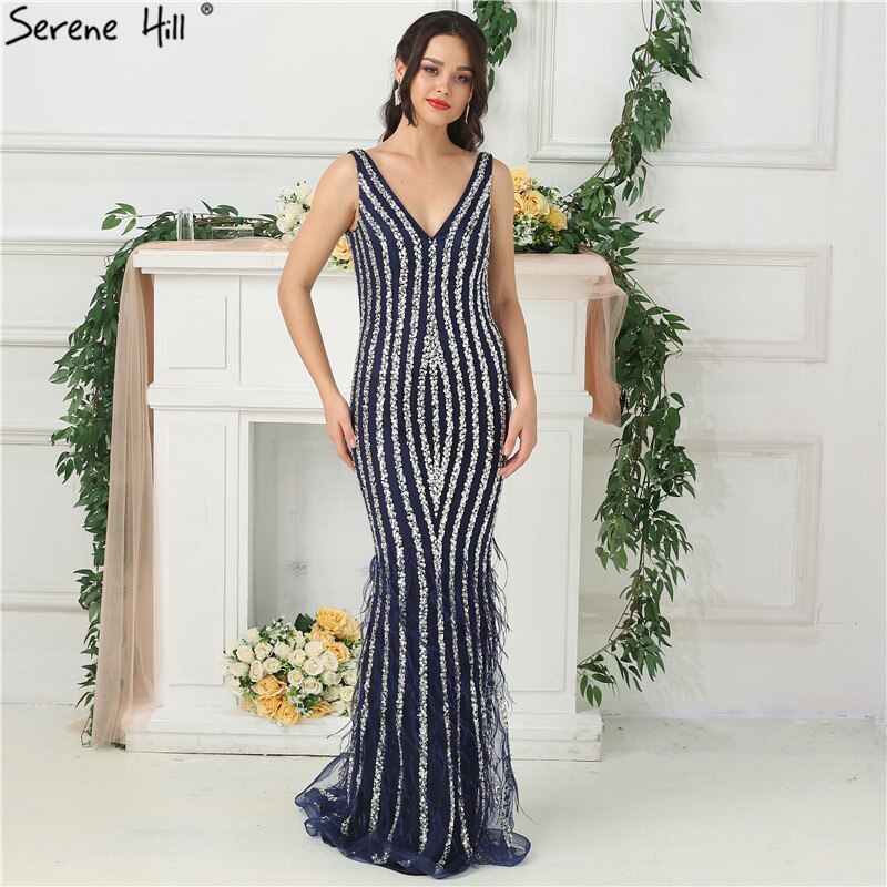 Vestidos de noche azules de lujo de diseñador de Dubái, sexys, con escote en V profundo, espalda descubierta y cuentas de diamantes, en oferta, 2025. Foto real LA6585.