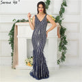 Vestidos de noche azules de lujo de diseñador de Dubái, sexys, con escote en V profundo, espalda descubierta y cuentas de diamantes, en oferta, 2025. Foto real LA6585.