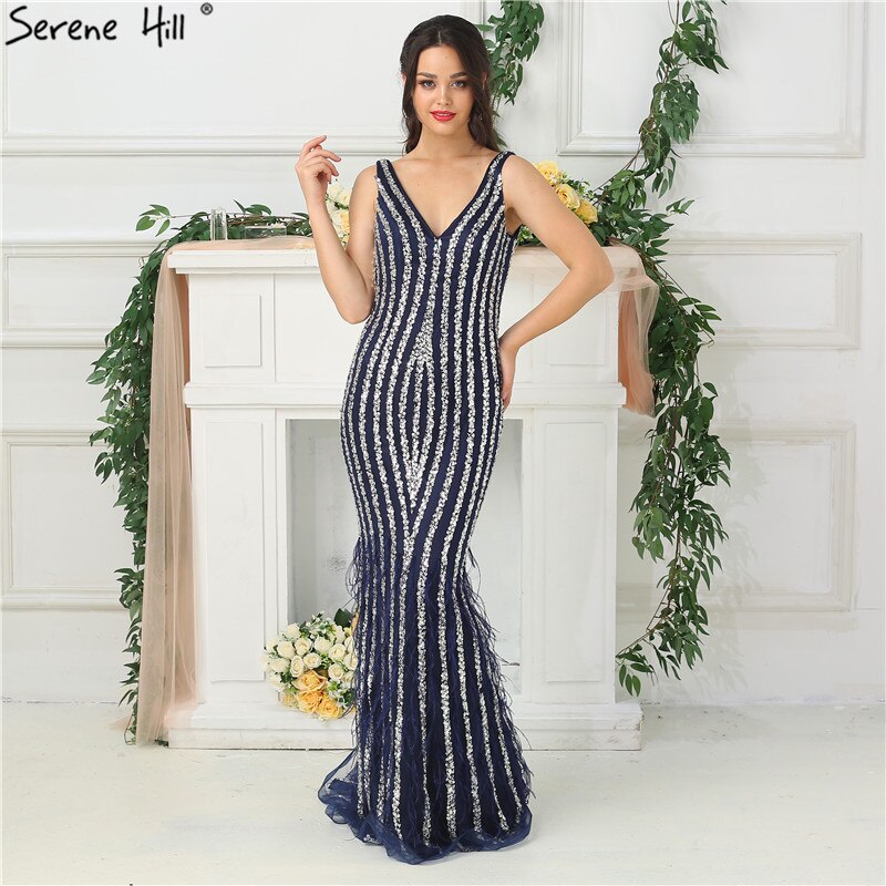 Vestidos de noche azules de lujo de diseñador de Dubái, sexys, con escote en V profundo, espalda descubierta y cuentas de diamantes, en oferta, 2025. Foto real LA6585.