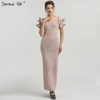 Vestido rosa de manga corta de diseñador de Dubái, nuevo vestido de noche formal de sirena para mujer, QA8019 2025 