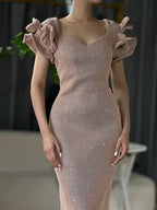 Vestido rosa de manga corta de diseñador de Dubái, nuevo vestido de noche formal de sirena para mujer, QA8019 2025 