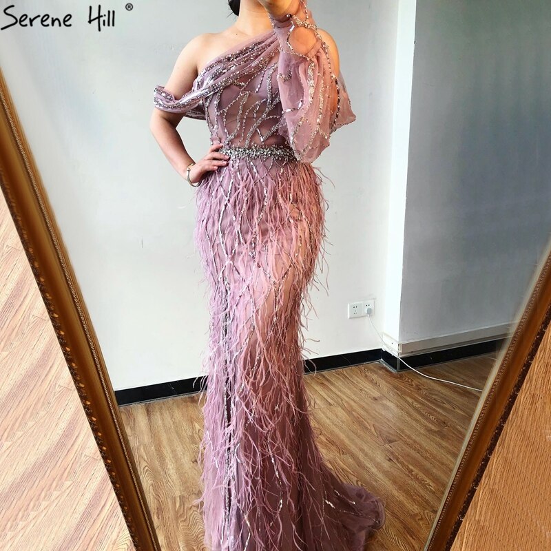 Dubai Eine Shouder Wein Roten Abendkleid Kleider Feder Split Perlen Luxus Meerjungfrau Formale Kleid 2025 LA70513 