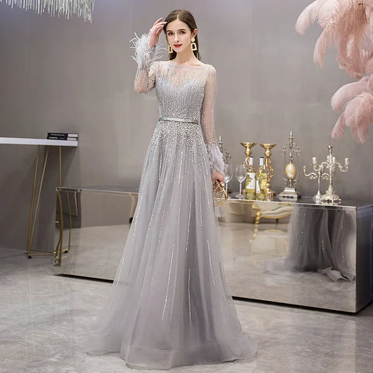 Evening Dresses Long Sleeve with Feathers Luxury Sexy Sheer O-Neck Engagement Party Gown Beaded Gold Grey Vestido de Festa-payinti