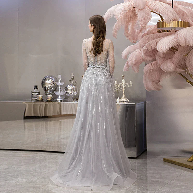 Evening Dresses Long Sleeve with Feathers Luxury Sexy Sheer O-Neck Engagement Party Gown Beaded Gold Grey Vestido de Festa-payinti