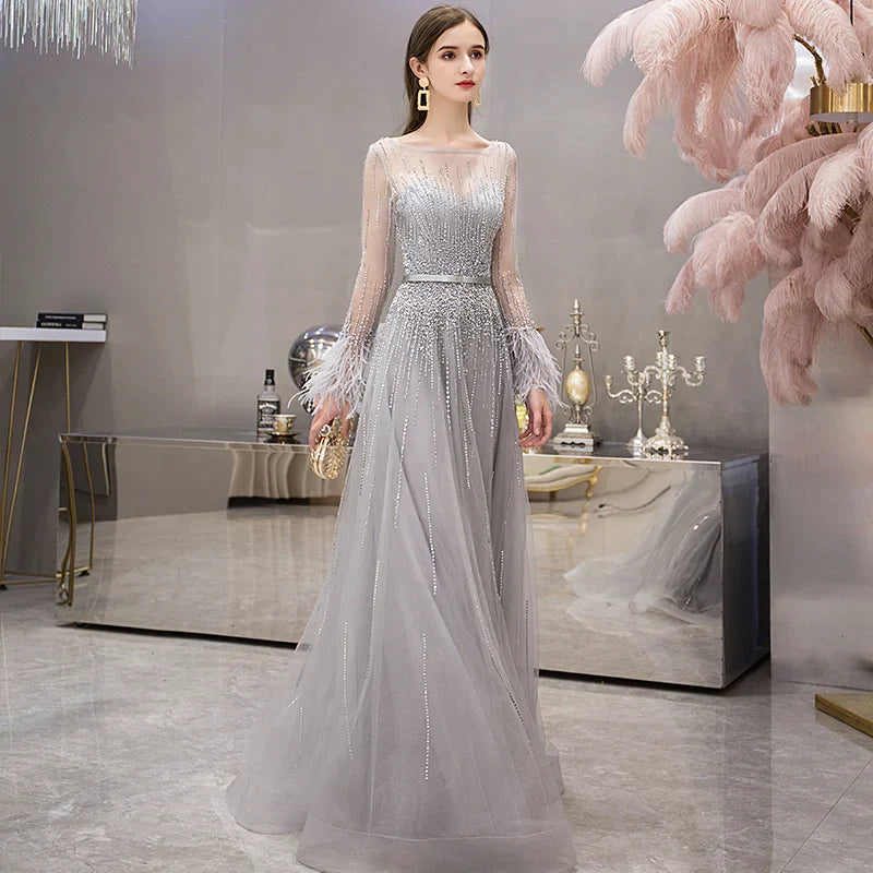 Evening Dresses Long Sleeve with Feathers Luxury Sexy Sheer O-Neck Engagement Party Gown Beaded Gold Grey Vestido de Festa-payinti