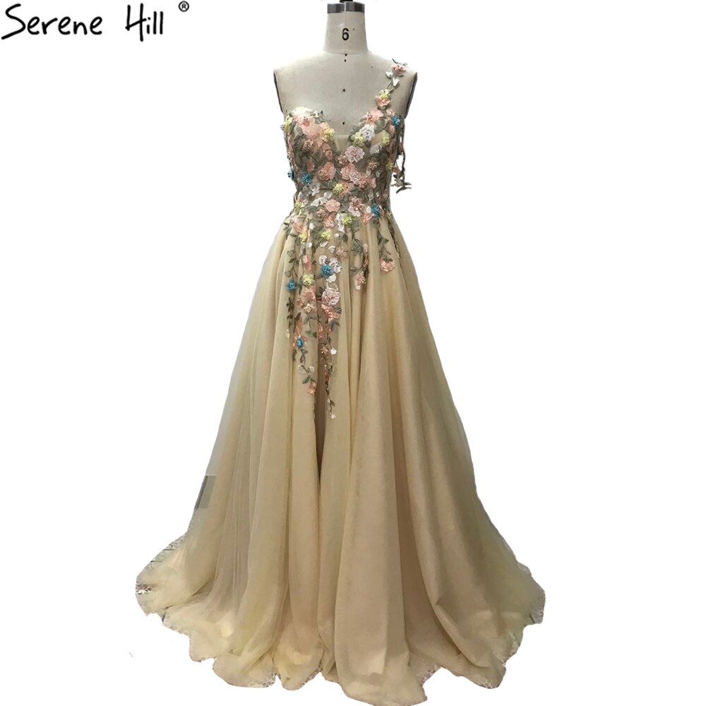 Vestidos de noche con flores y perlas de Dubái, sexys, de un solo hombro, corte A, formales, 2025, LA60946 