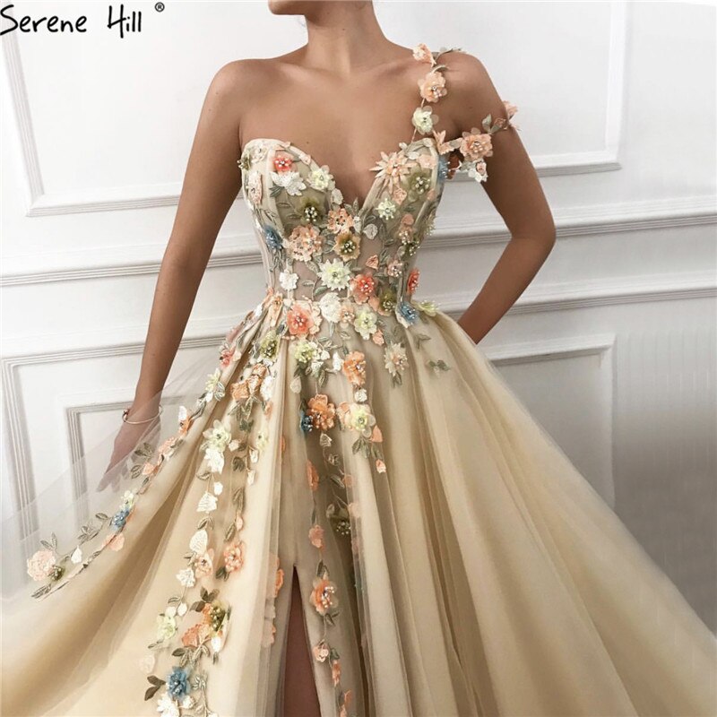 Vestidos de noche con flores y perlas de Dubái, sexys, de un solo hombro, corte A, formales, 2025, LA60946 