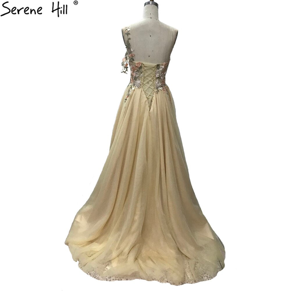 Vestidos de noche con flores y perlas de Dubái, sexys, de un solo hombro, corte A, formales, 2025, LA60946 