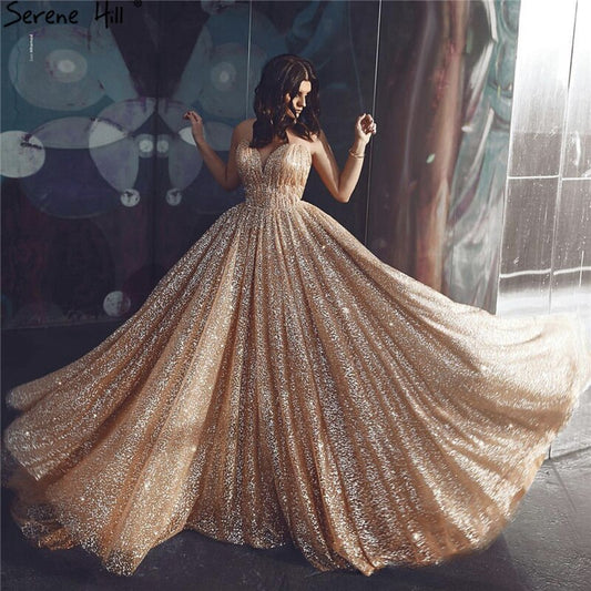 Dubai Gold Backless Glitter Sexy Abendkleider 2025 Luxus Ärmellose Strand Abendkleider LA60854