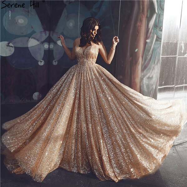 Vestidos de noche sexys con brillo y espalda descubierta en dorado de Dubái 2025, vestidos de noche playeros de lujo sin mangas LA60854 