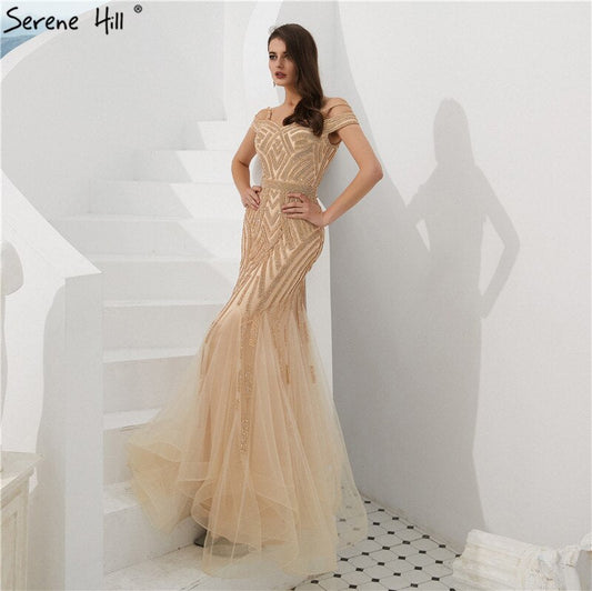 Dubai Gold Voller Diamanten Meerjungfrau Abendkleider 2025 Off Shouler Sexy Elegante Formale Kleider LA60807 