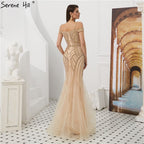 Vestidos de noche estilo sirena con hombros descubiertos, elegantes y sexys, con diamantes dorados de Dubái (2025) LA60807 