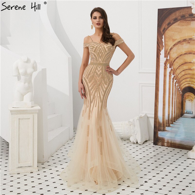 Dubai Gold Voller Diamanten Meerjungfrau Abendkleider 2025 Off Shouler Sexy Elegante Formale Kleider LA60807 