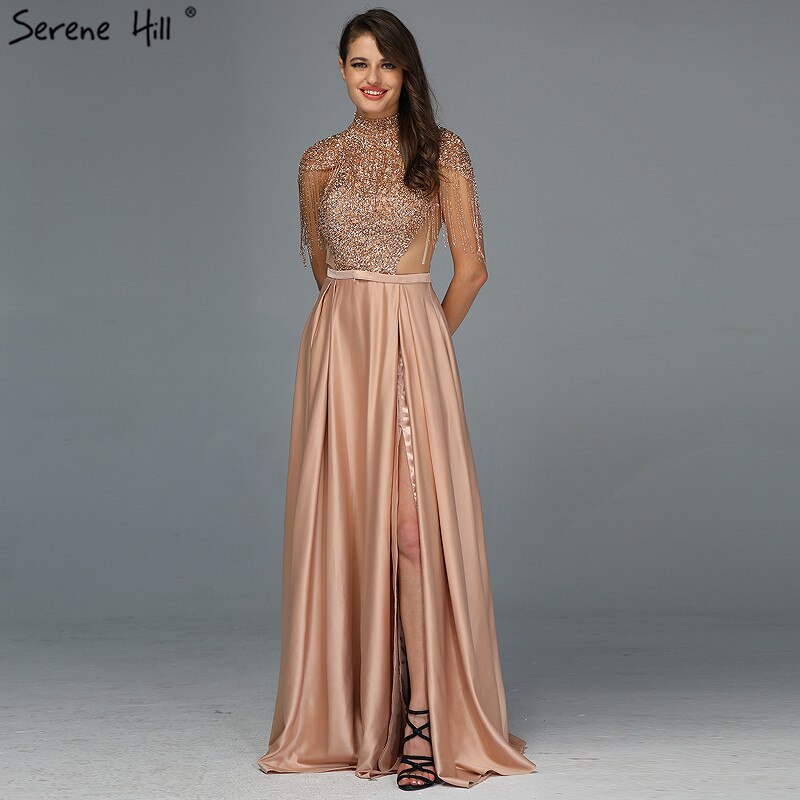 Vestidos de fiesta de Dubái dorados con cuello alto y brillantes, sin mangas, con borlas y cuentas, corte A, diseño LA60998 