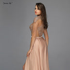 Vestidos de fiesta de Dubái dorados con cuello alto y brillantes, sin mangas, con borlas y cuentas, corte A, diseño LA60998 