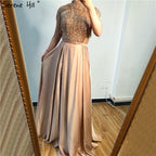 Vestidos de fiesta de Dubái dorados con cuello alto y brillantes, sin mangas, con borlas y cuentas, corte A, diseño LA60998 