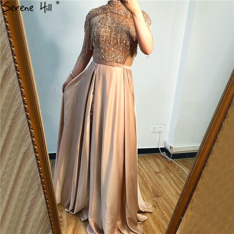 Vestidos de fiesta de Dubái dorados con cuello alto y brillantes, sin mangas, con borlas y cuentas, corte A, diseño LA60998 