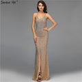 Vestidos de noche de sirena de lujo en oro de Dubái, diseño 2025, con cuentas de cristal, espalda descubierta, sexys, foto real LA70165