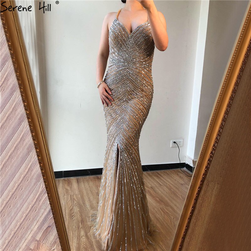 Vestidos de noche de sirena de lujo en oro de Dubái, diseño 2025, con cuentas de cristal, espalda descubierta, sexys, foto real LA70165