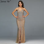 Vestidos de noche de sirena de lujo en oro de Dubái, diseño 2025, con cuentas de cristal, espalda descubierta, sexys, foto real LA70165