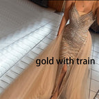 Vestidos de noche de sirena de lujo en oro de Dubái, diseño 2025, con cuentas de cristal, espalda descubierta, sexys, foto real LA70165