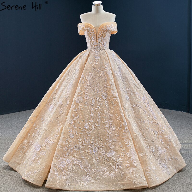 Vestidos de novia con hombros descubiertos, diseño dorado de Dubái, 2025, hechos a mano, con flores y cuentas, sexys, HM67135, hechos a medida