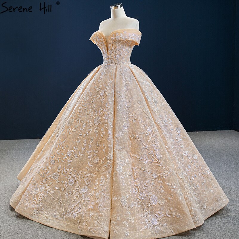 Vestidos de novia con hombros descubiertos, diseño dorado de Dubái, 2025, hechos a mano, con flores y cuentas, sexys, HM67135, hechos a medida