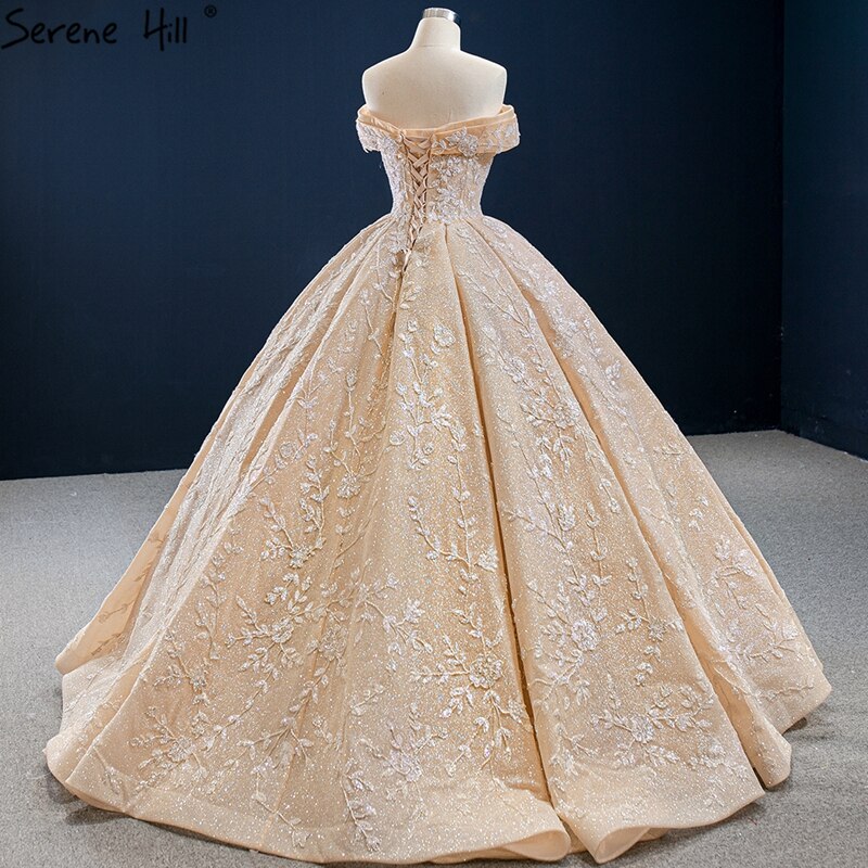Vestidos de novia con hombros descubiertos, diseño dorado de Dubái, 2025, hechos a mano, con flores y cuentas, sexys, HM67135, hechos a medida
