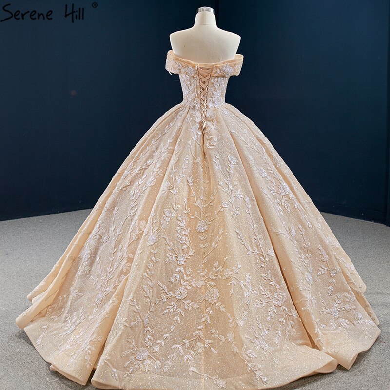 Vestidos de novia con hombros descubiertos, diseño dorado de Dubái, 2025, hechos a mano, con flores y cuentas, sexys, HM67135, hechos a medida