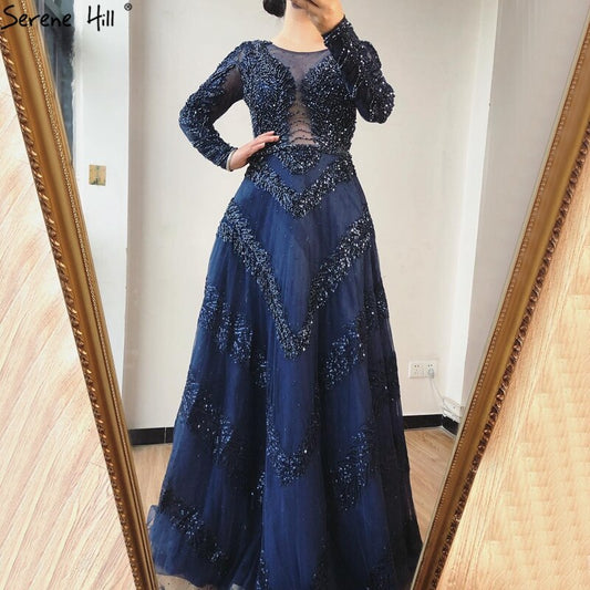 Dubai Grau A-Linie Luxus Sexy Abendkleider 2025 Lange Ärmel Diamant Perlen Formales Kleid LA70618 