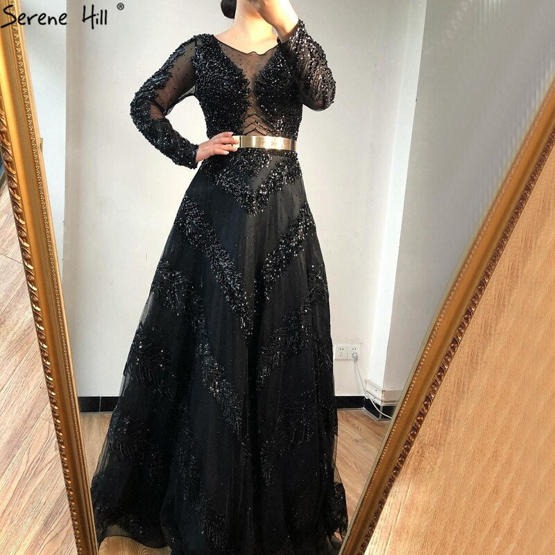 Vestido de noche sexy de lujo, corte A, color gris, estilo Dubái, 2025, manga larga, con cuentas de diamantes, vestido formal LA70618 