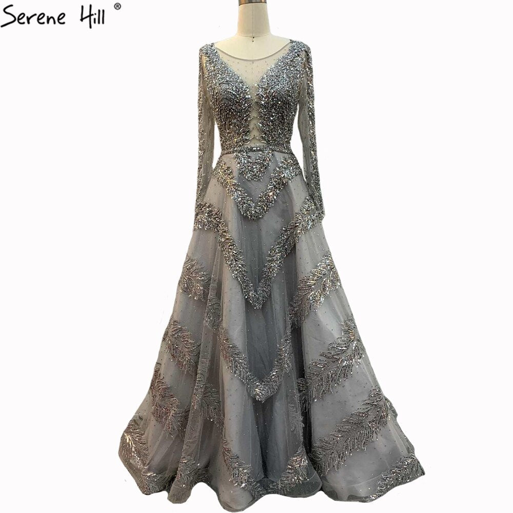 Vestido de noche sexy de lujo, corte A, color gris, estilo Dubái, 2025, manga larga, con cuentas de diamantes, vestido formal LA70618 