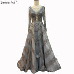 Vestido de noche sexy de lujo, corte A, color gris, estilo Dubái, 2025, manga larga, con cuentas de diamantes, vestido formal LA70618 