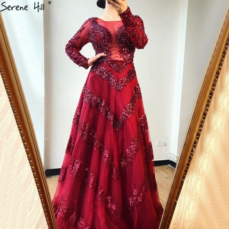 Vestido de noche sexy de lujo, corte A, color gris, estilo Dubái, 2025, manga larga, con cuentas de diamantes, vestido formal LA70618 
