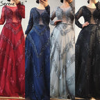 Vestido de noche sexy de lujo, corte A, color gris, estilo Dubái, 2025, manga larga, con cuentas de diamantes, vestido formal LA70618 