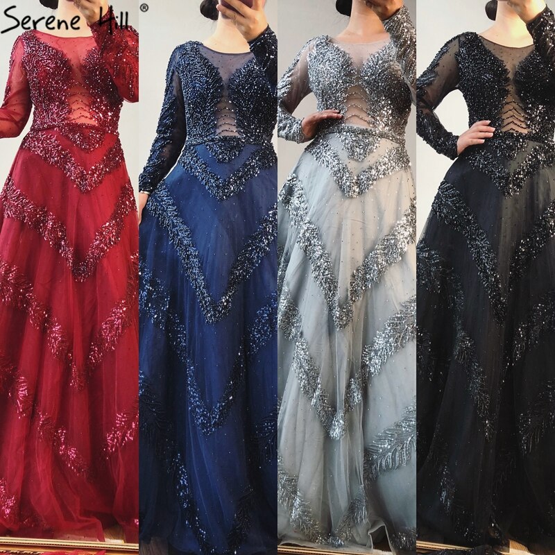 Vestido de noche sexy de lujo, corte A, color gris, estilo Dubái, 2025, manga larga, con cuentas de diamantes, vestido formal LA70618 