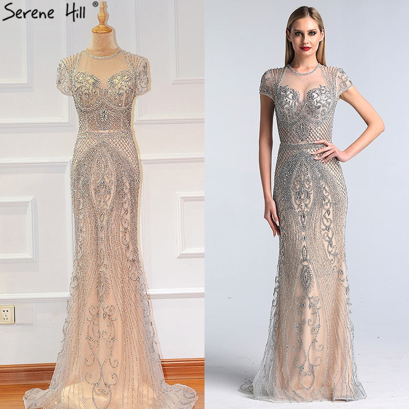 Vestido de noche sexy de sirena de lujo con mangas cortas y diamantes en gris de Dubái 2025 LA60934 
