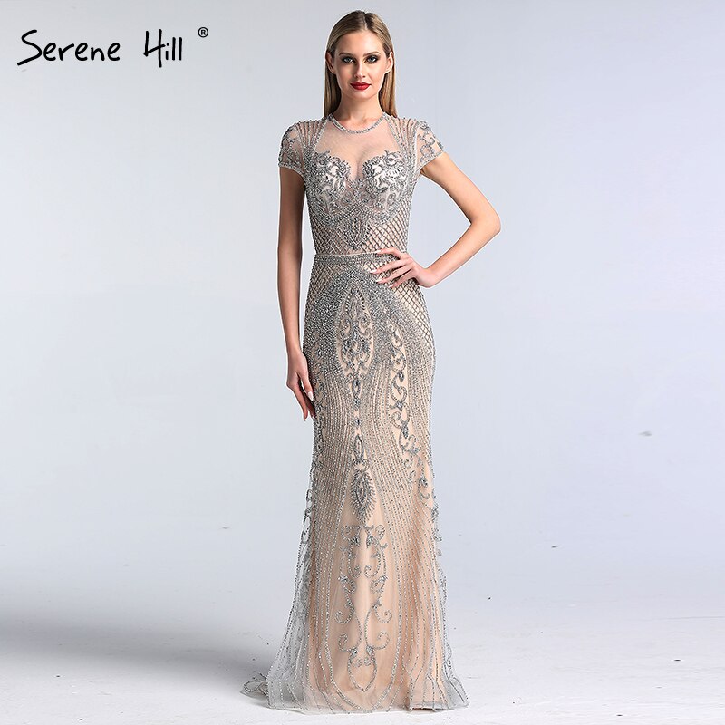 Vestido de noche sexy de sirena de lujo con mangas cortas y diamantes en gris de Dubái 2025 LA60934 