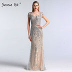 Vestido de noche sexy de sirena de lujo con mangas cortas y diamantes en gris de Dubái 2025 LA60934 