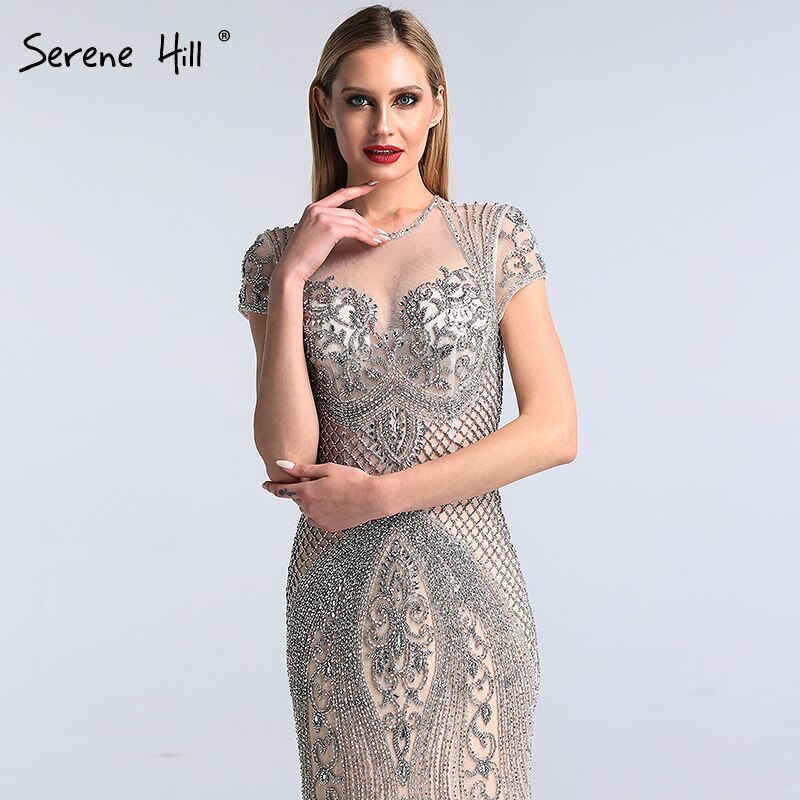 Vestido de noche sexy de sirena de lujo con mangas cortas y diamantes en gris de Dubái 2025 LA60934 