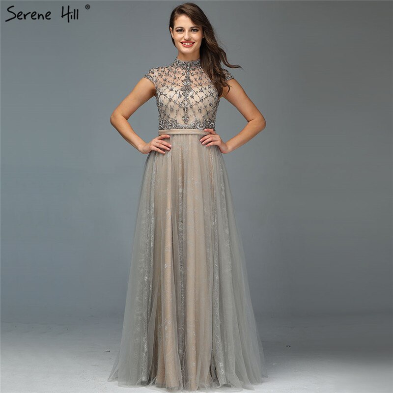 Vestido de noche sexy de alta gama en gris de Dubái, escote redondo, sin mangas, corte A, con cuentas de diamantes, vestido formal, foto real LA70142