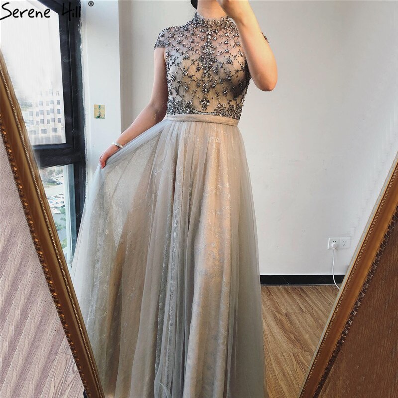Vestido de noche sexy de alta gama en gris de Dubái, escote redondo, sin mangas, corte A, con cuentas de diamantes, vestido formal, foto real LA70142