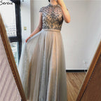 Vestido de noche sexy de alta gama en gris de Dubái, escote redondo, sin mangas, corte A, con cuentas de diamantes, vestido formal, foto real LA70142
